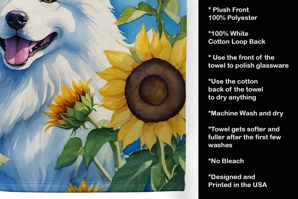 Samoyed in Sunflowers Kitchen Towel Velour Plush Front and Cotton Loop Back Machine Washable