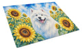 Samoyed in Sunflowers Cutting Board Tempered Glass Kitchen Cutting Surface, Heat Resistant Chopping Board with Non-Slip Feet, Decorative Food Prep & Serving