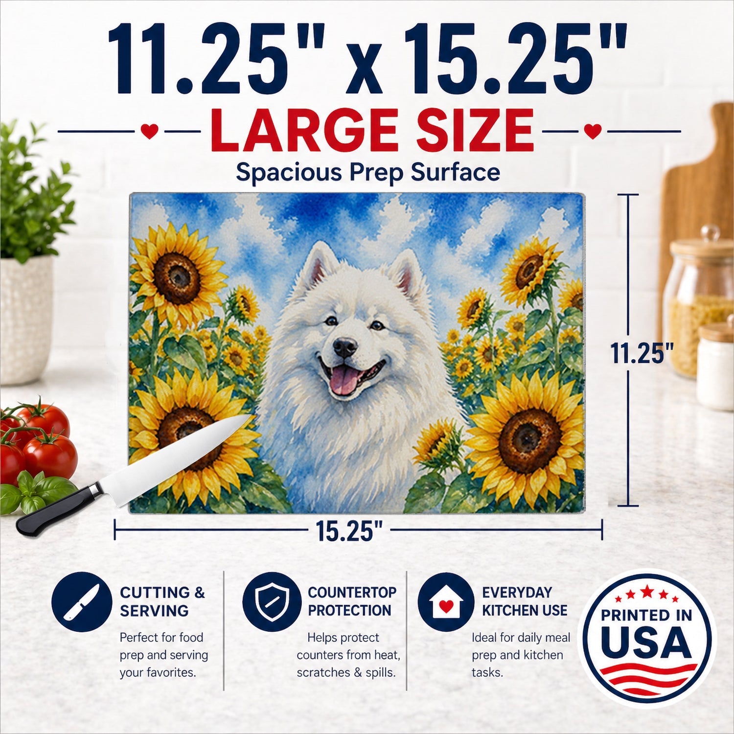 Samoyed in Sunflowers Cutting Board Tempered Glass Kitchen Cutting Surface, Heat Resistant Chopping Board with Non-Slip Feet, Decorative Food Prep & Serving