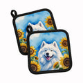 Samoyed in Sunflowers Pot Holder Set of 2 Heat Resistant Quilted Hot Pads 7.5 x 7.5 Inch, Insulated Kitchen Trivets for Cooking & Baking
