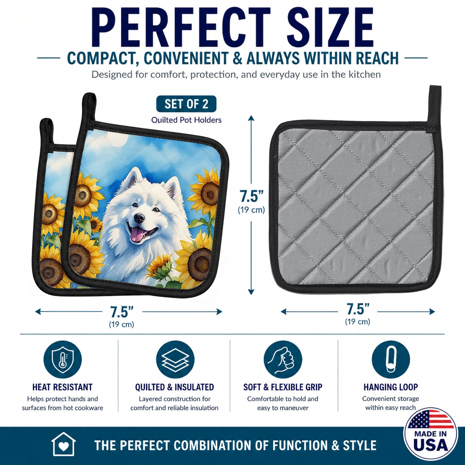 Samoyed in Sunflowers Pot Holder Set of 2 Heat Resistant Quilted Hot Pads 7.5 x 7.5 Inch, Insulated Kitchen Trivets for Cooking & Baking