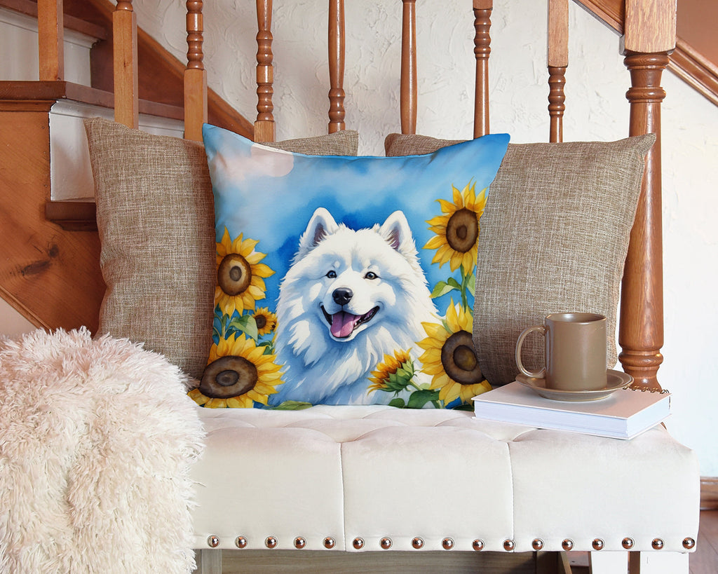 Samoyed in Sunflowers Decorative Throw Pillow 14x14 Indoor Outdoor Accent Cushion, Fabric Cover with Insert for Sofa, Bed, Porch & Living Room