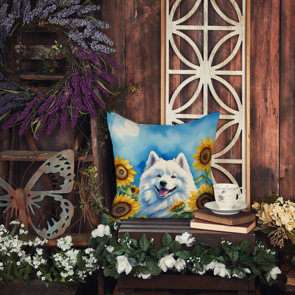Samoyed in Sunflowers Decorative Throw Pillow 14x14 Indoor Outdoor Accent Cushion, Fabric Cover with Insert for Sofa, Bed, Porch & Living Room