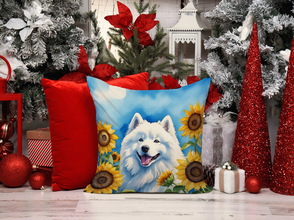Samoyed in Sunflowers Decorative Throw Pillow 14x14 Indoor Outdoor Accent Cushion, Fabric Cover with Insert for Sofa, Bed, Porch & Living Room