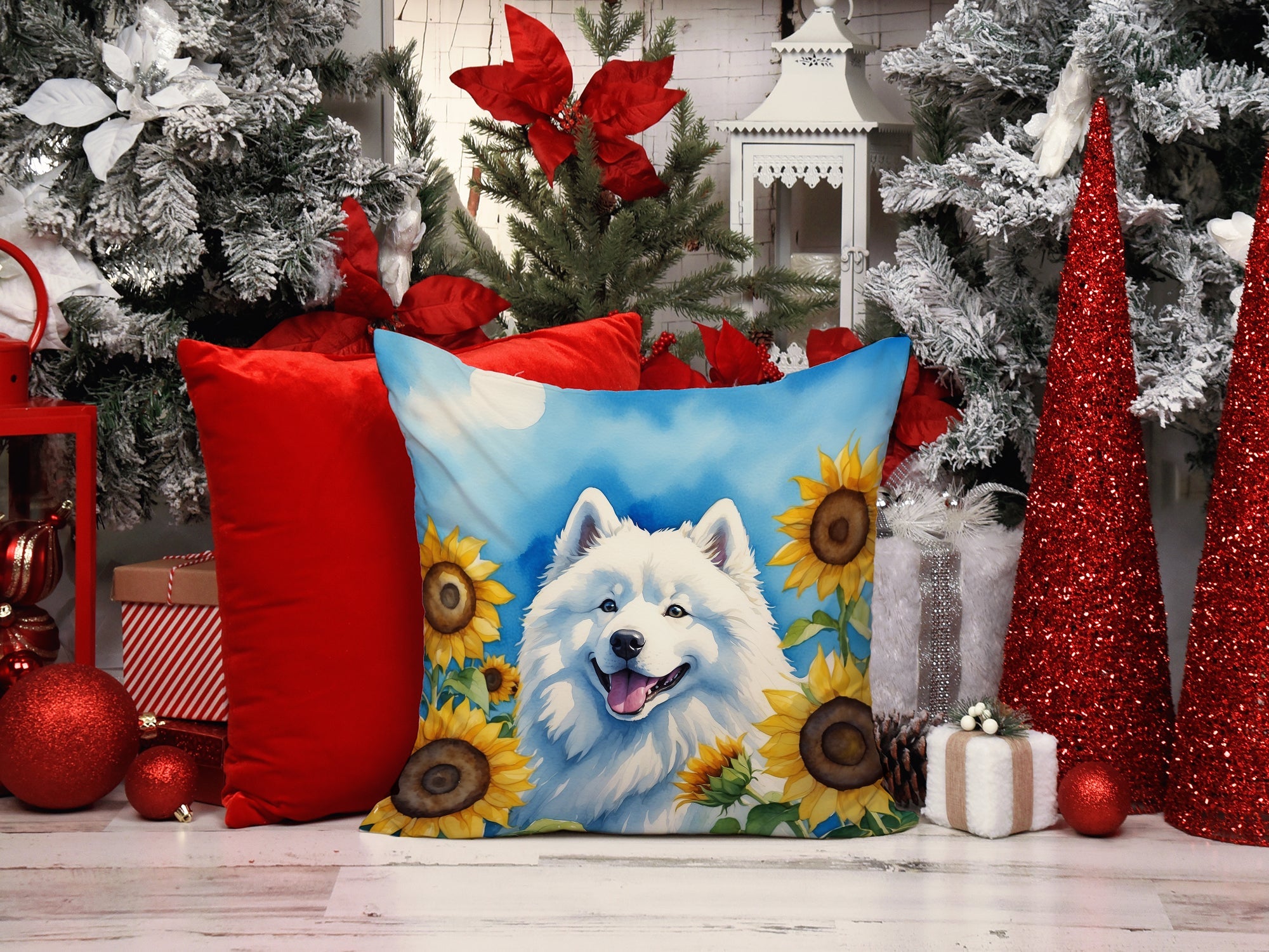 Samoyed in Sunflowers Decorative Throw Pillow 14x14 Indoor Outdoor Accent Cushion, Fabric Cover with Insert for Sofa, Bed, Porch & Living Room
