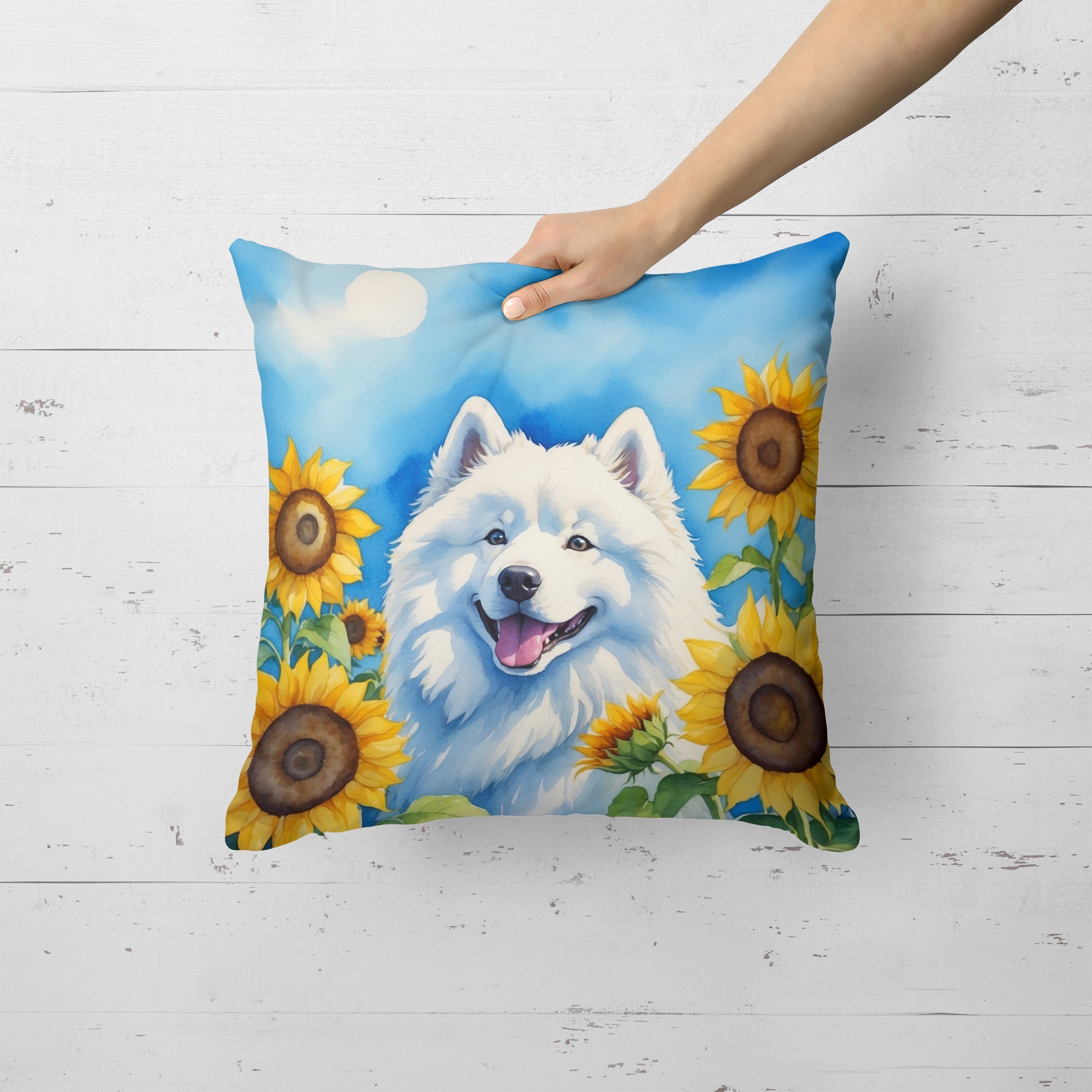 Samoyed in Sunflowers Decorative Throw Pillow 18x18 Indoor Outdoor Accent Cushion, Fabric Cover with Insert for Sofa, Bed, Porch & Living Room