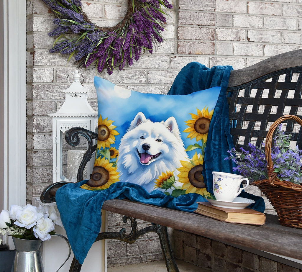 Samoyed in Sunflowers Decorative Throw Pillow 18x18 Indoor Outdoor Accent Cushion, Fabric Cover with Insert for Sofa, Bed, Porch & Living Room