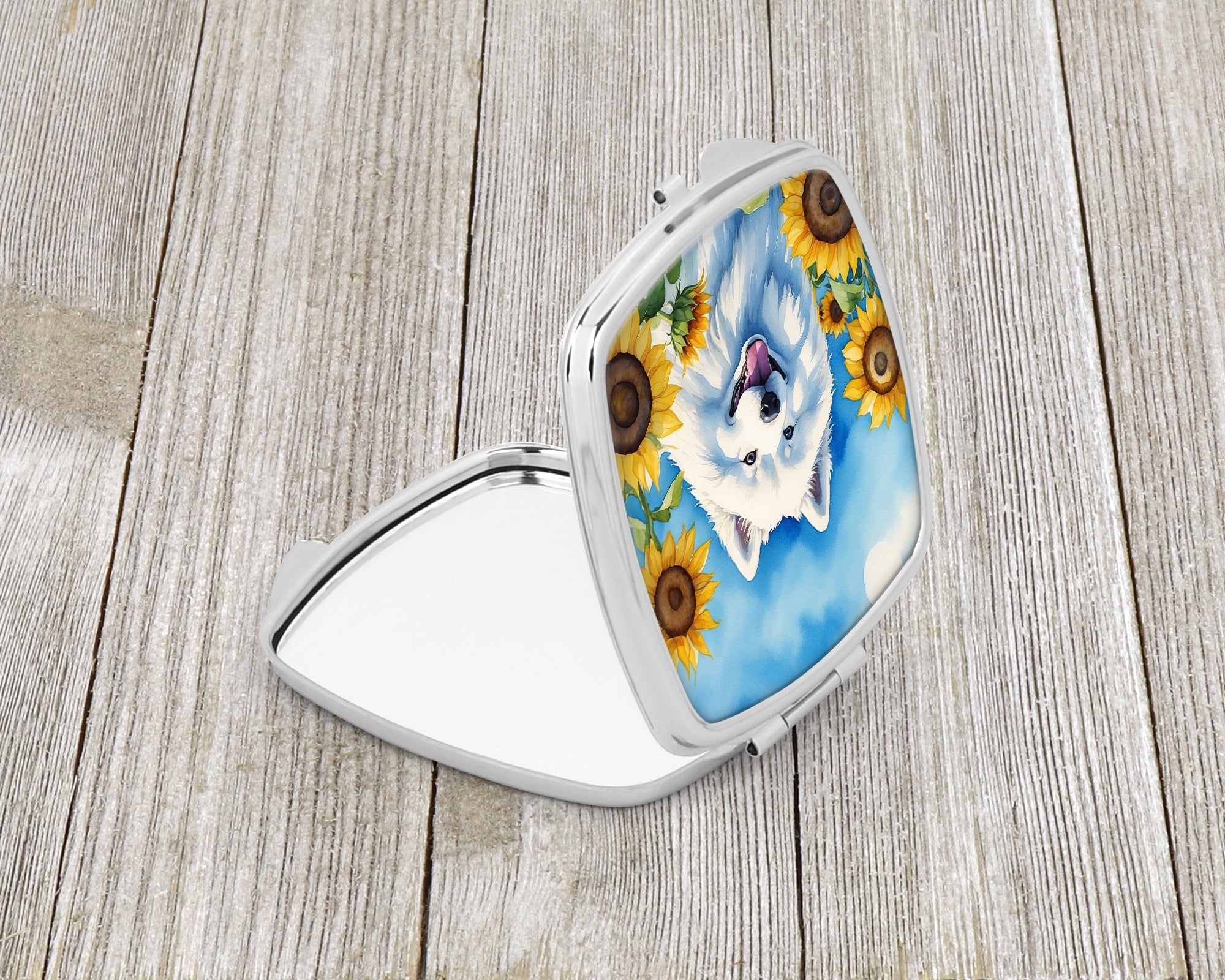 Samoyed in Sunflowers Compact Mirror Decorative Travel Makeup Mirror for Women Girls Gifts Pocket Makeup Mirror Folding Handheld
