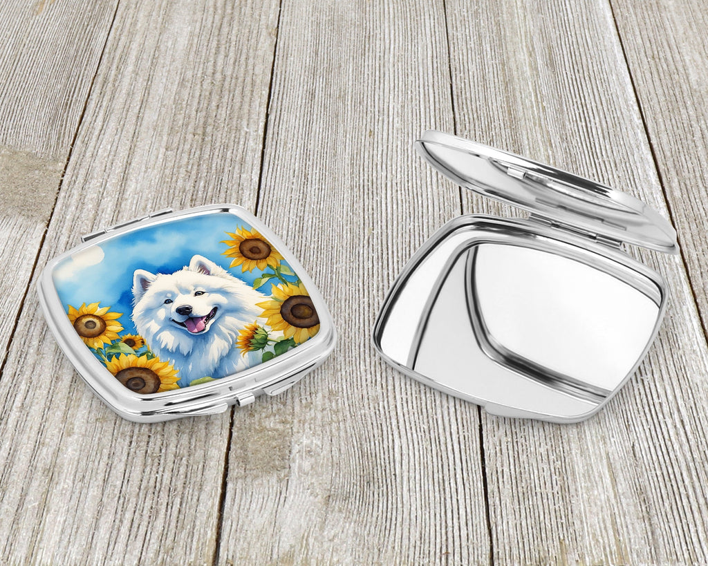 Samoyed in Sunflowers Compact Mirror Decorative Travel Makeup Mirror for Women Girls Gifts Pocket Makeup Mirror Folding Handheld