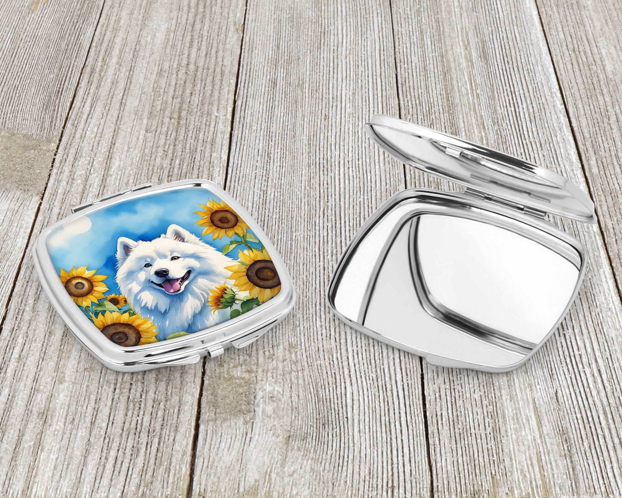 Samoyed in Sunflowers Compact Mirror Decorative Travel Makeup Mirror for Women Girls Gifts Pocket Makeup Mirror Folding Handheld