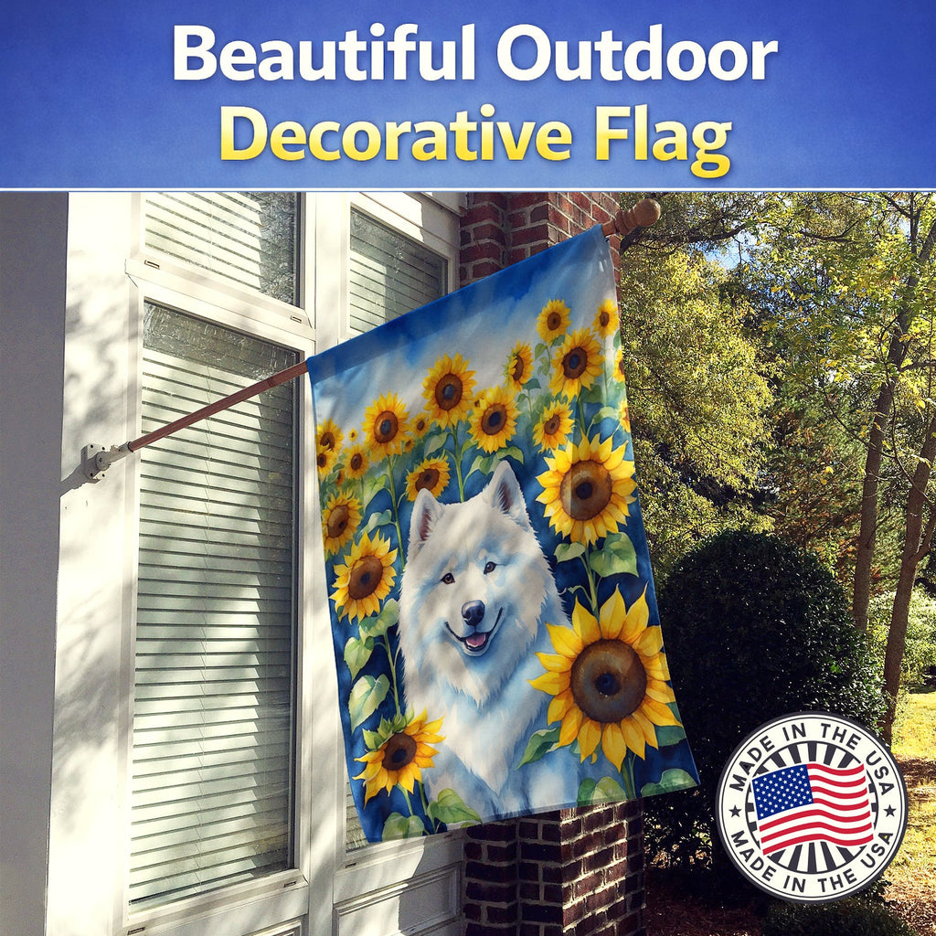 Samoyed in Sunflowers House Flag 28x40 Porch Sleeve Pole Decorative Outside Yard Banner Artwork Wall Hanging, Polyester
