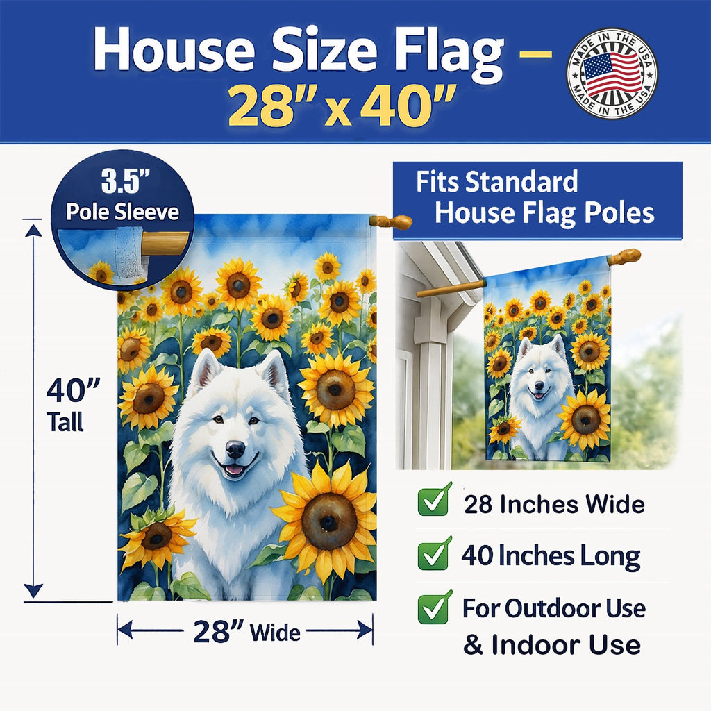 Samoyed in Sunflowers House Flag 28x40 Porch Sleeve Pole Decorative Outside Yard Banner Artwork Wall Hanging, Polyester