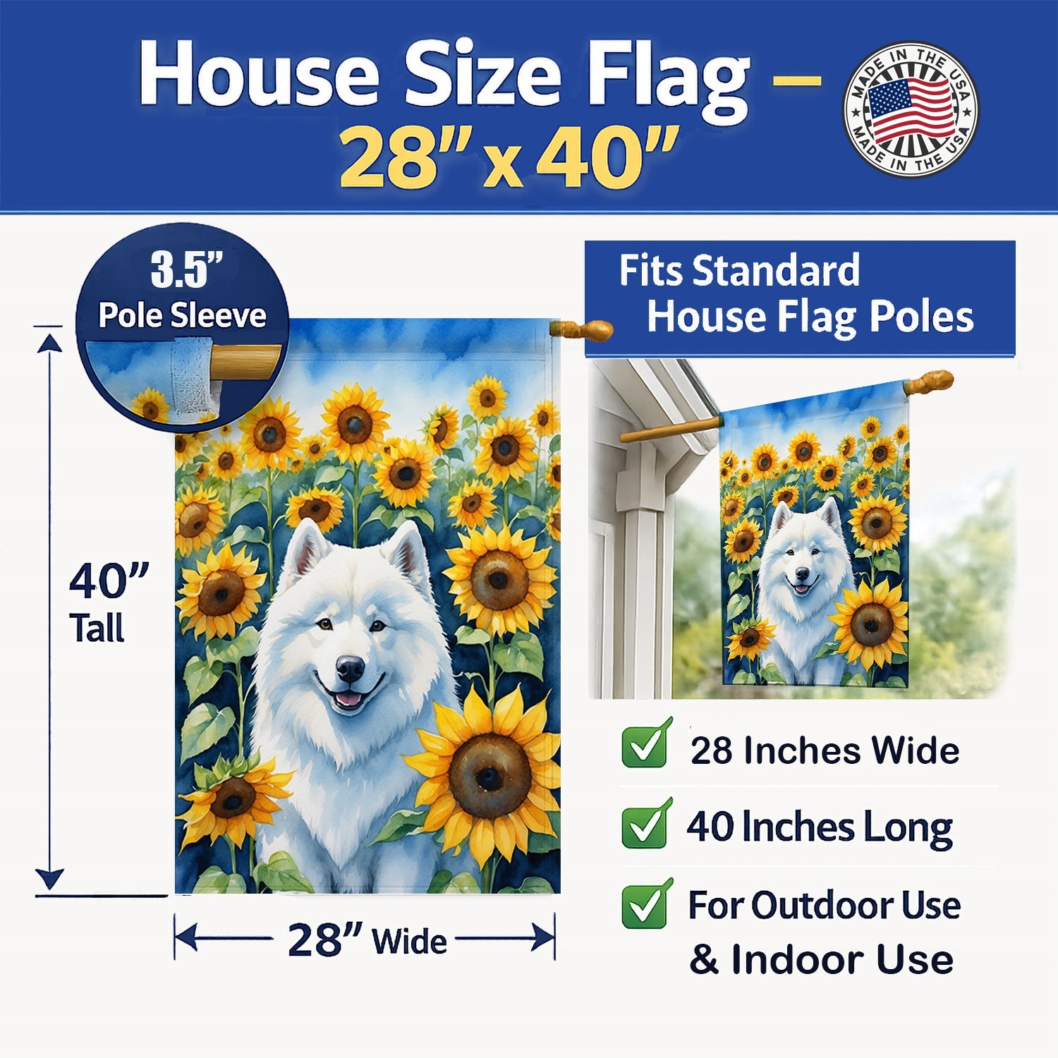 Samoyed in Sunflowers House Flag 28x40 Porch Sleeve Pole Decorative Outside Yard Banner Artwork Wall Hanging, Polyester
