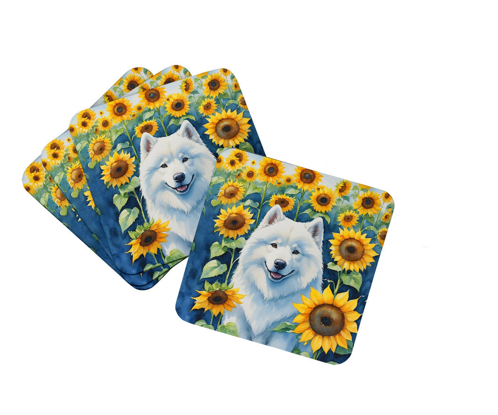 Samoyed in Sunflowers Foam Coasters Set of 4 Cup Coasters for Indoor Outdoor, Tabletop Protection, Anti Slip, Mouse pad Material