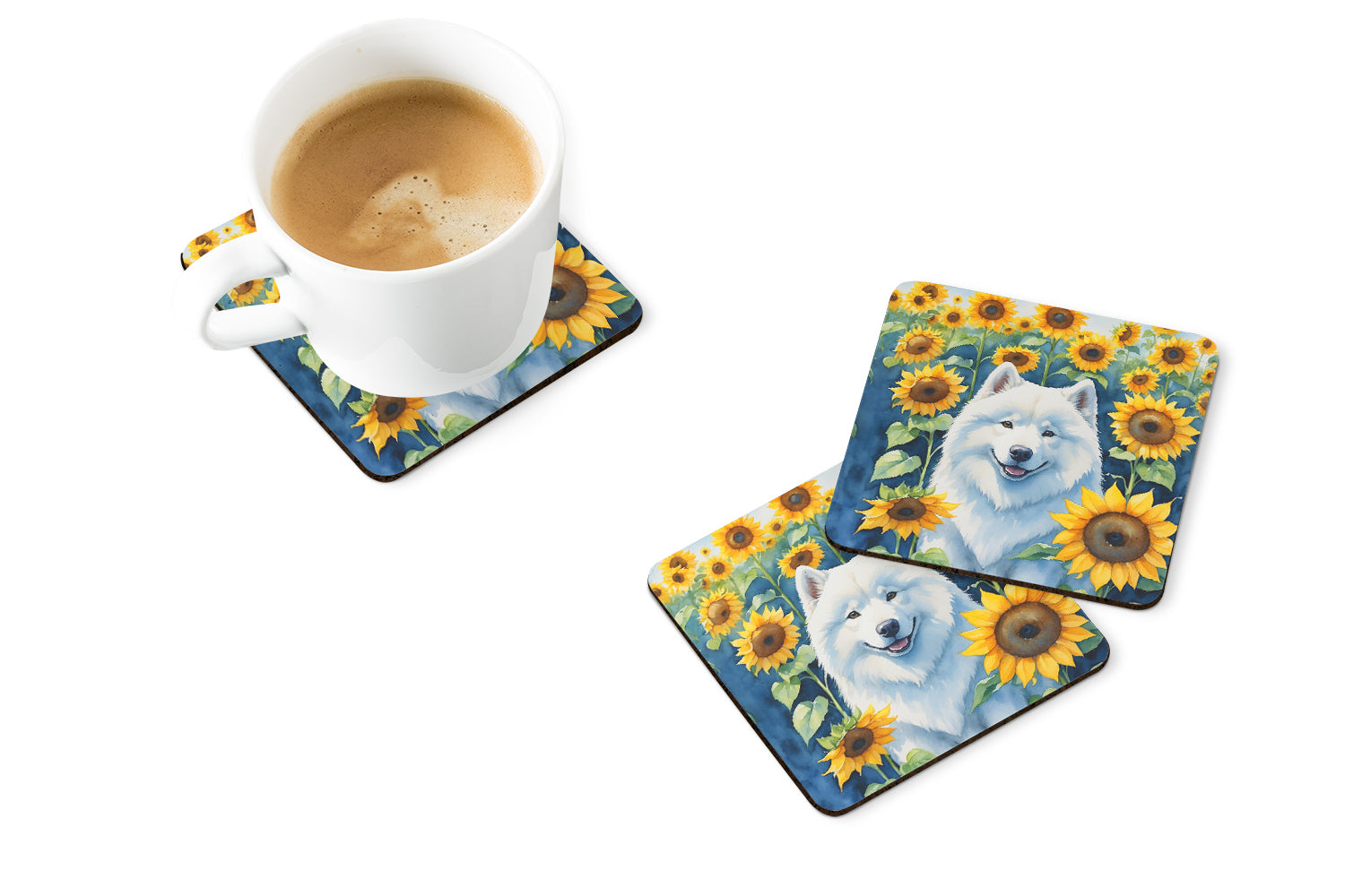 Samoyed in Sunflowers Foam Coasters Set of 4 Cup Coasters for Indoor Outdoor, Tabletop Protection, Anti Slip, Mouse pad Material