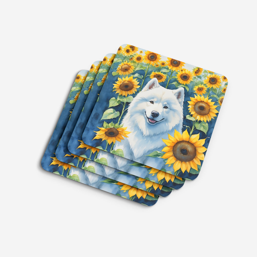 Samoyed in Sunflowers Foam Coasters Set of 4 Cup Coasters for Indoor Outdoor, Tabletop Protection, Anti Slip, Mouse pad Material