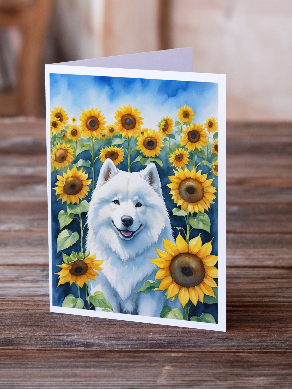 Samoyed in Sunflowers Greeting Cards Pack of 8 Blank Cards with Envelopes Whimsical A7 Size 5x7