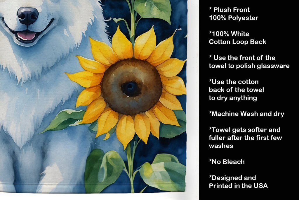 Samoyed in Sunflowers Kitchen Towel Velour Plush Front and Cotton Loop Back Machine Washable