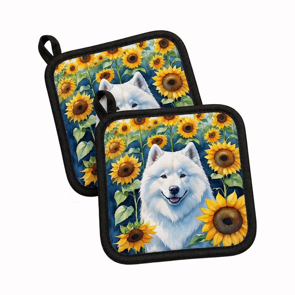 Samoyed in Sunflowers Pot Holder Set of 2 Heat Resistant Quilted Hot Pads 7.5 x 7.5 Inch, Insulated Kitchen Trivets for Cooking & Baking
