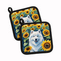 Samoyed in Sunflowers Pot Holder Set of 2 Heat Resistant Quilted Hot Pads 7.5 x 7.5 Inch, Insulated Kitchen Trivets for Cooking & Baking