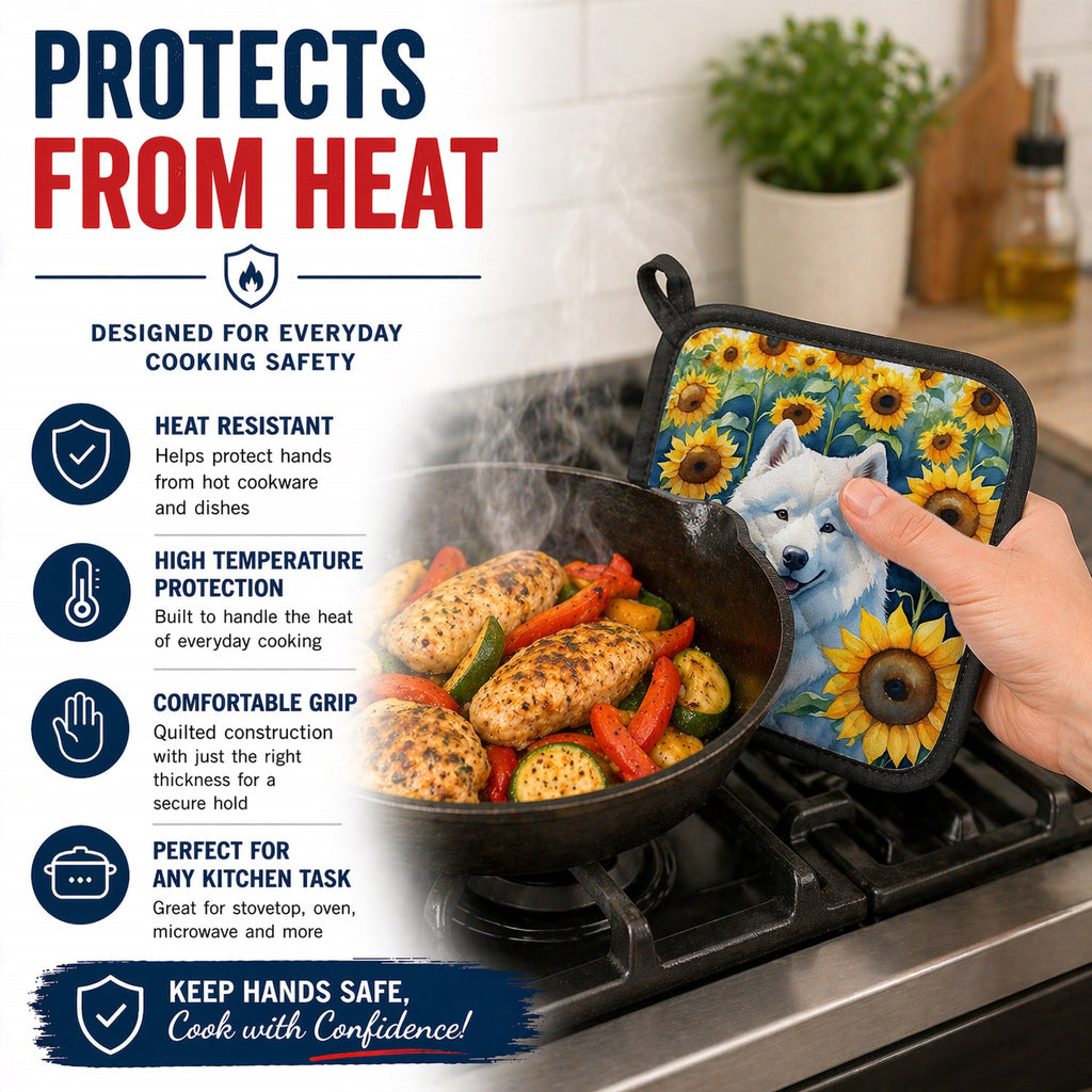 Samoyed in Sunflowers Pot Holder Set of 2 Heat Resistant Quilted Hot Pads 7.5 x 7.5 Inch, Insulated Kitchen Trivets for Cooking & Baking