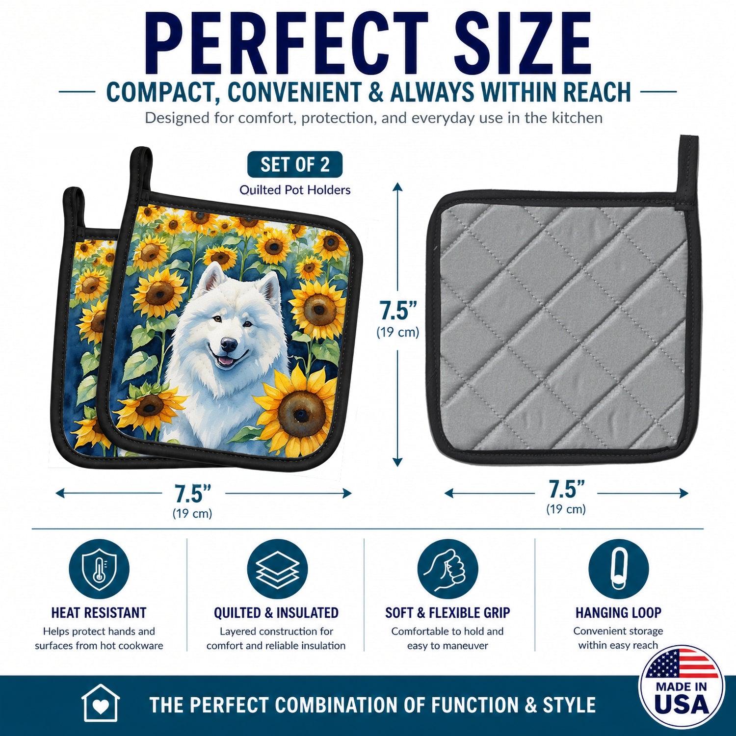Samoyed in Sunflowers Pot Holder Set of 2 Heat Resistant Quilted Hot Pads 7.5 x 7.5 Inch, Insulated Kitchen Trivets for Cooking & Baking