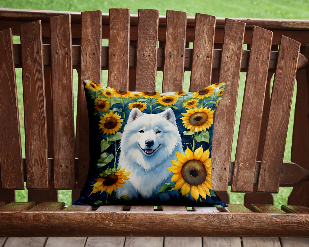 Samoyed in Sunflowers Decorative Throw Pillow 14x14 Indoor Outdoor Accent Cushion, Fabric Cover with Insert for Sofa, Bed, Porch & Living Room