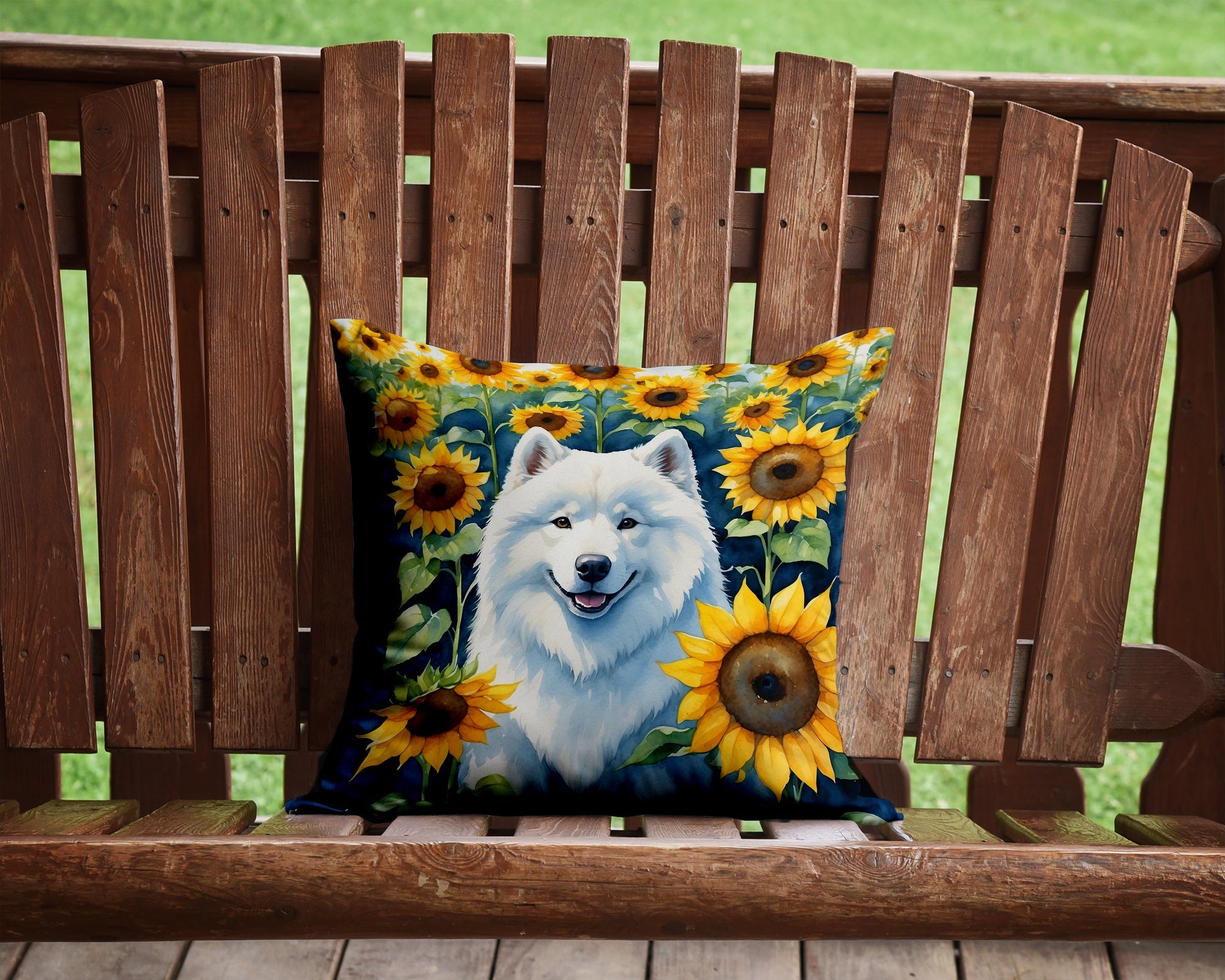 Samoyed in Sunflowers Decorative Throw Pillow 14x14 Indoor Outdoor Accent Cushion, Fabric Cover with Insert for Sofa, Bed, Porch & Living Room