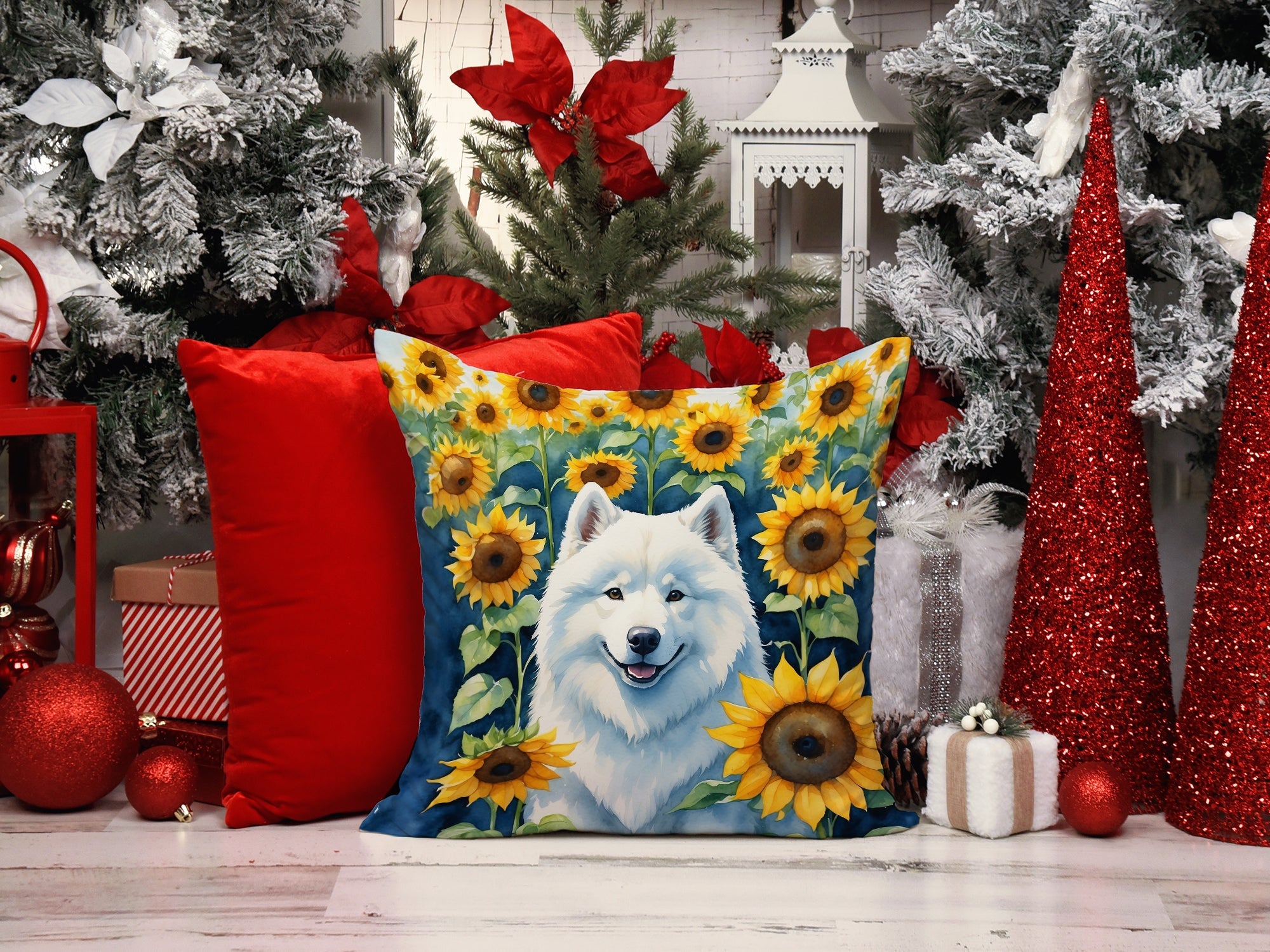 Samoyed in Sunflowers Decorative Throw Pillow 14x14 Indoor Outdoor Accent Cushion, Fabric Cover with Insert for Sofa, Bed, Porch & Living Room