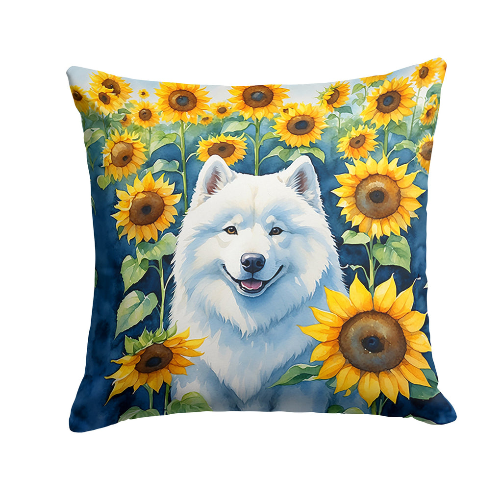 Samoyed in Sunflowers Decorative Throw Pillow 18x18 Indoor Outdoor Accent Cushion, Fabric Cover with Insert for Sofa, Bed, Porch & Living Room