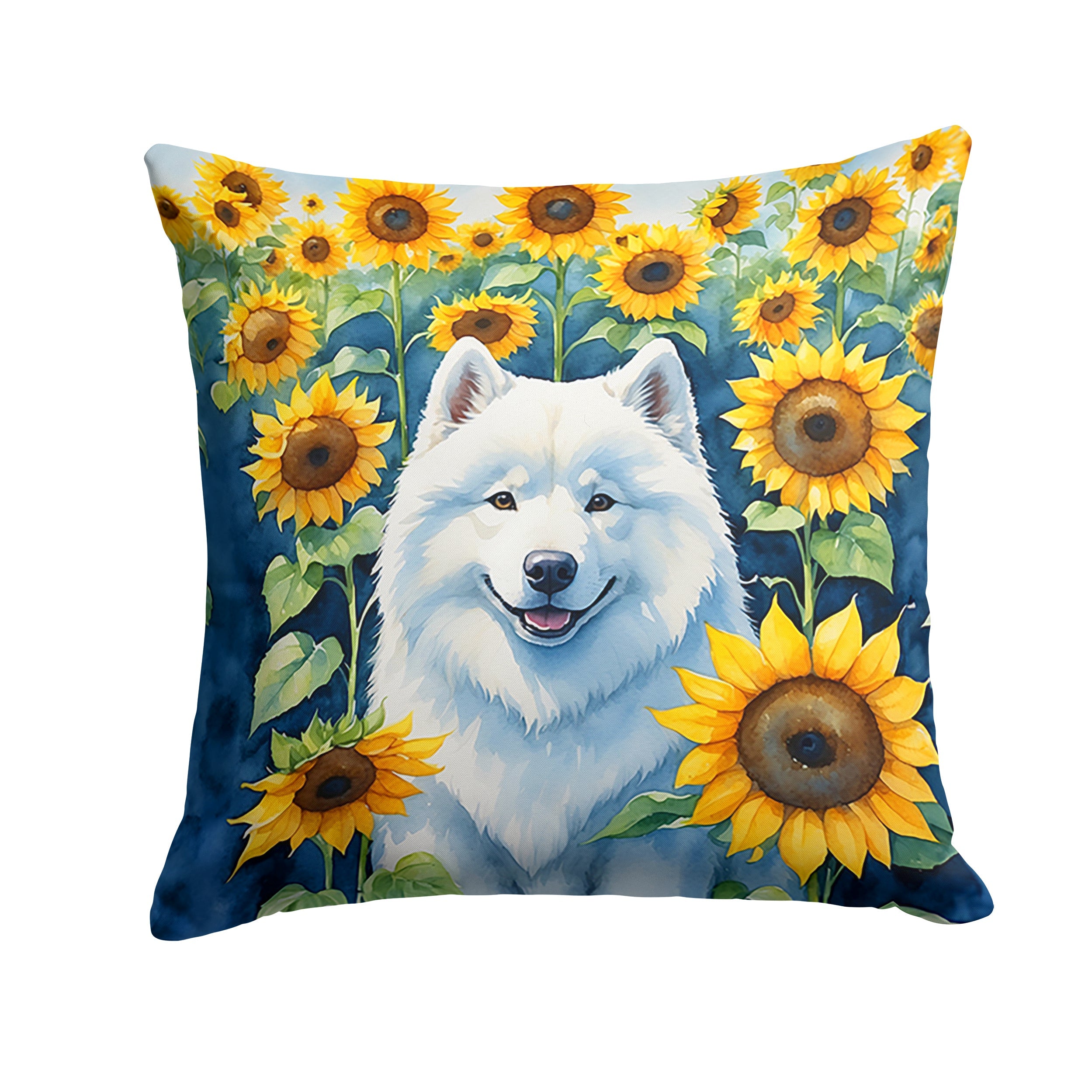 Samoyed in Sunflowers Decorative Throw Pillow 18x18 Indoor Outdoor Accent Cushion, Fabric Cover with Insert for Sofa, Bed, Porch & Living Room