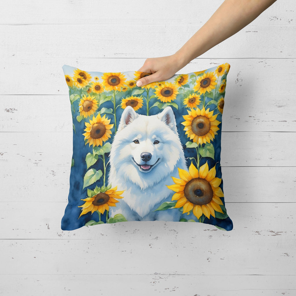 Samoyed in Sunflowers Decorative Throw Pillow 18x18 Indoor Outdoor Accent Cushion, Fabric Cover with Insert for Sofa, Bed, Porch & Living Room