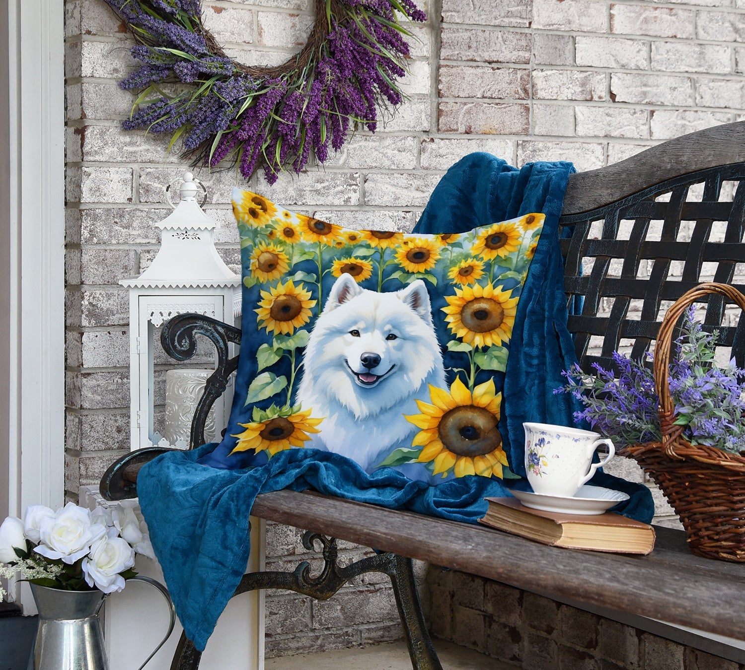 Samoyed in Sunflowers Decorative Throw Pillow 18x18 Indoor Outdoor Accent Cushion, Fabric Cover with Insert for Sofa, Bed, Porch & Living Room