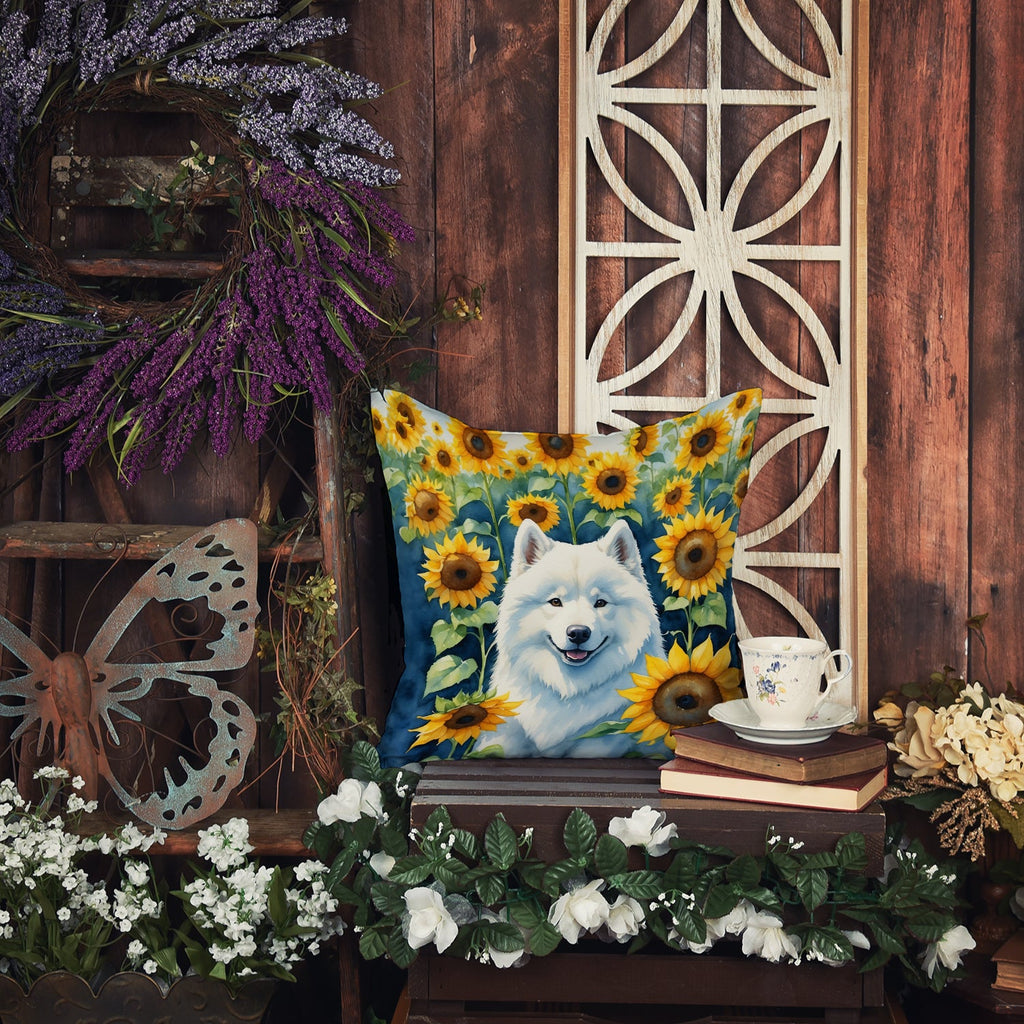 Samoyed in Sunflowers Decorative Throw Pillow 18x18 Indoor Outdoor Accent Cushion, Fabric Cover with Insert for Sofa, Bed, Porch & Living Room