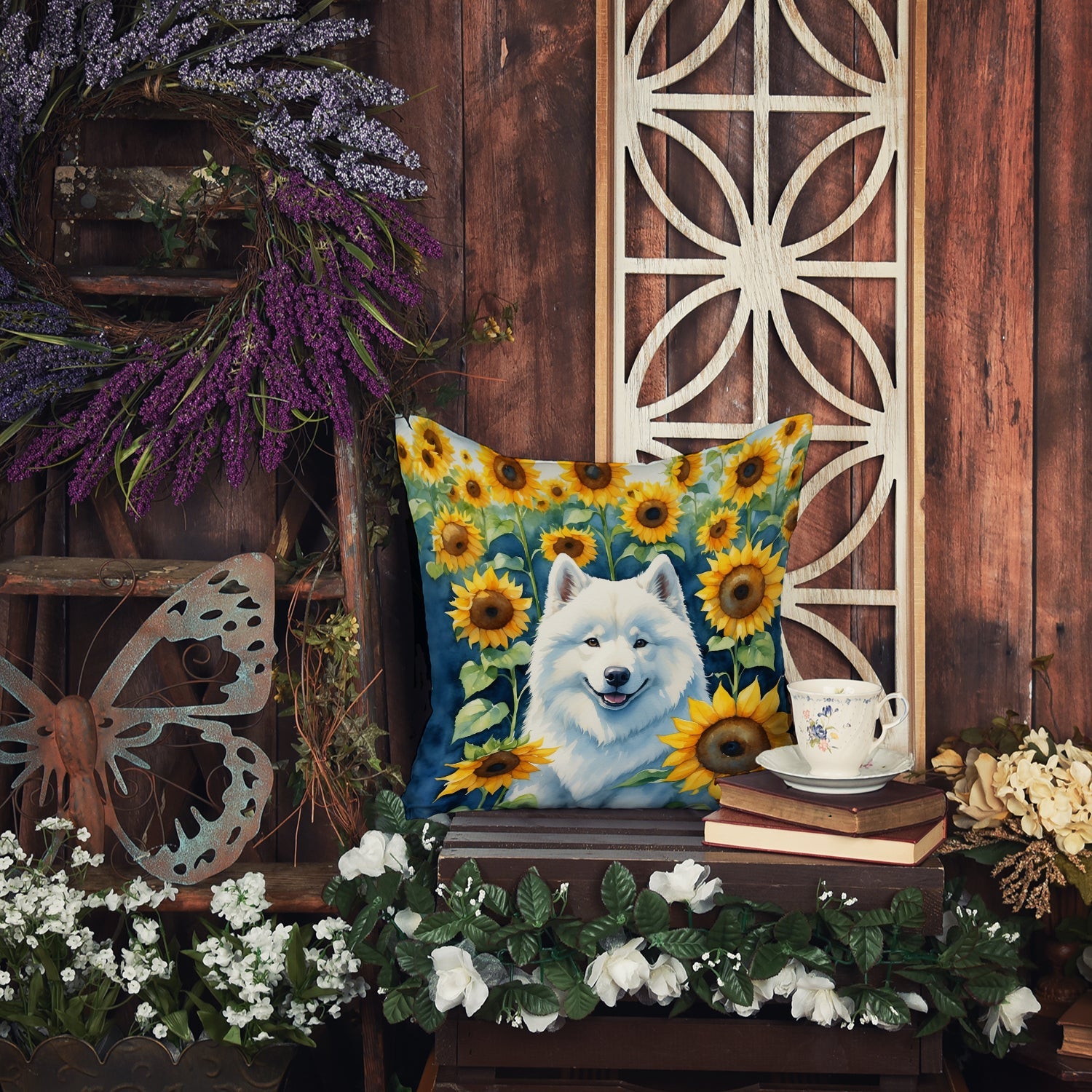 Samoyed in Sunflowers Decorative Throw Pillow 18x18 Indoor Outdoor Accent Cushion, Fabric Cover with Insert for Sofa, Bed, Porch & Living Room