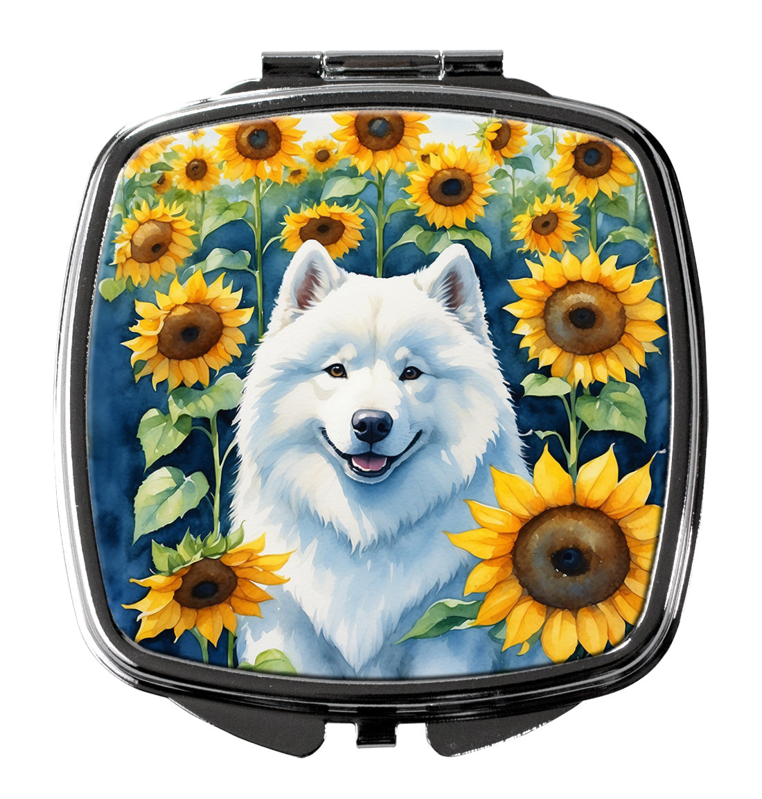 Samoyed in Sunflowers Compact Mirror Decorative Travel Makeup Mirror for Women Girls Gifts Pocket Makeup Mirror Folding Handheld