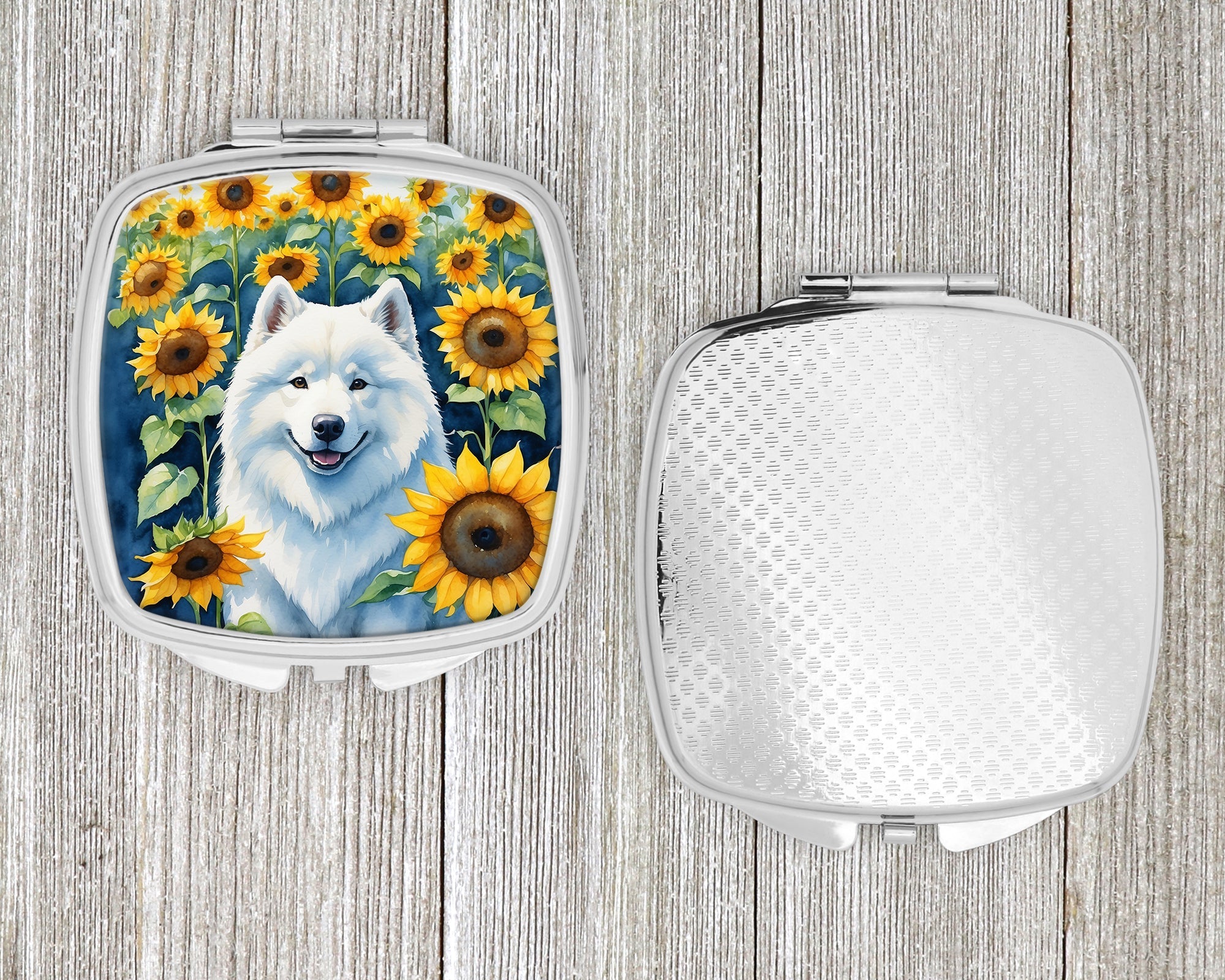 Samoyed in Sunflowers Compact Mirror Decorative Travel Makeup Mirror for Women Girls Gifts Pocket Makeup Mirror Folding Handheld
