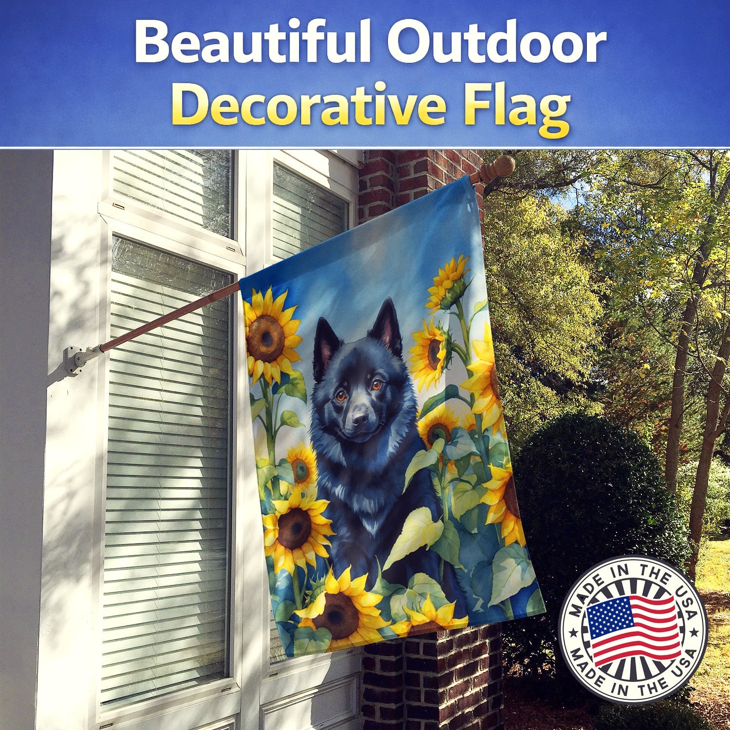 Schipperke in Sunflowers House Flag 28x40 Porch Sleeve Pole Decorative Outside Yard Banner Artwork Wall Hanging, Polyester