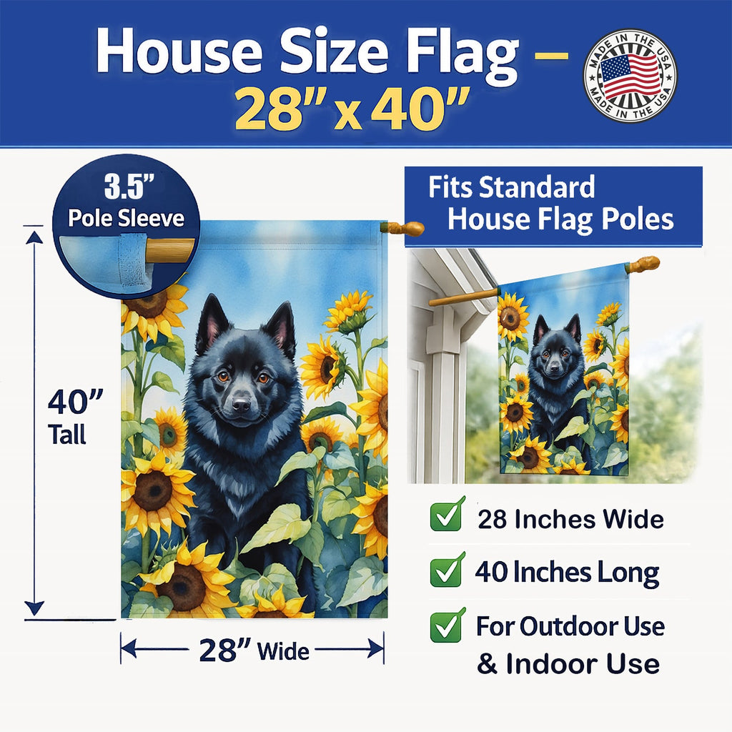 Schipperke in Sunflowers House Flag 28x40 Porch Sleeve Pole Decorative Outside Yard Banner Artwork Wall Hanging, Polyester