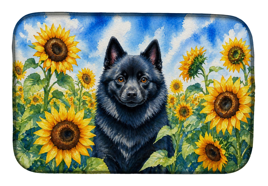 Schipperke in Sunflowers Dish Drying Mat Absorbent Dish Drying Mat Pad for Kitchen Counter Dish Drainer Mat for Countertop, 14 x 21", Multicolor