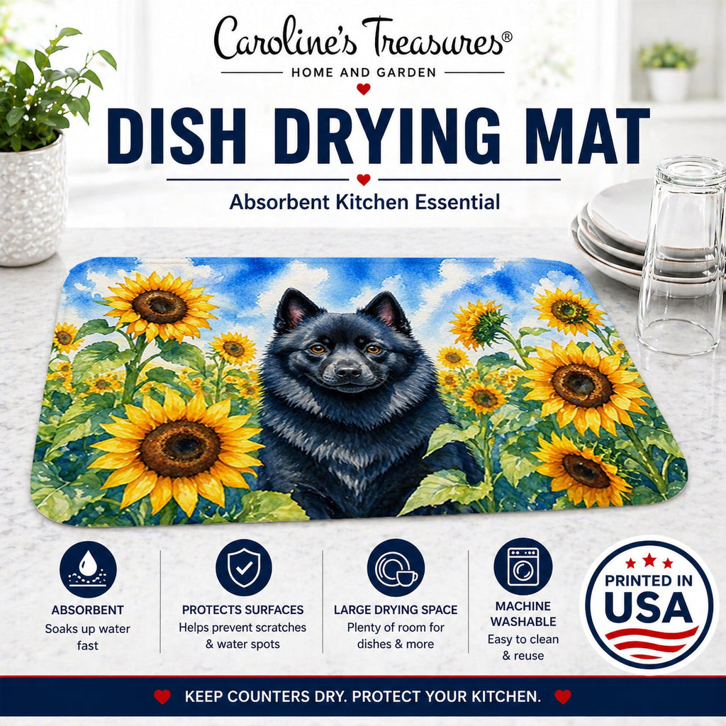 Schipperke in Sunflowers Dish Drying Mat Absorbent Dish Drying Mat Pad for Kitchen Counter Dish Drainer Mat for Countertop, 14 x 21", Multicolor