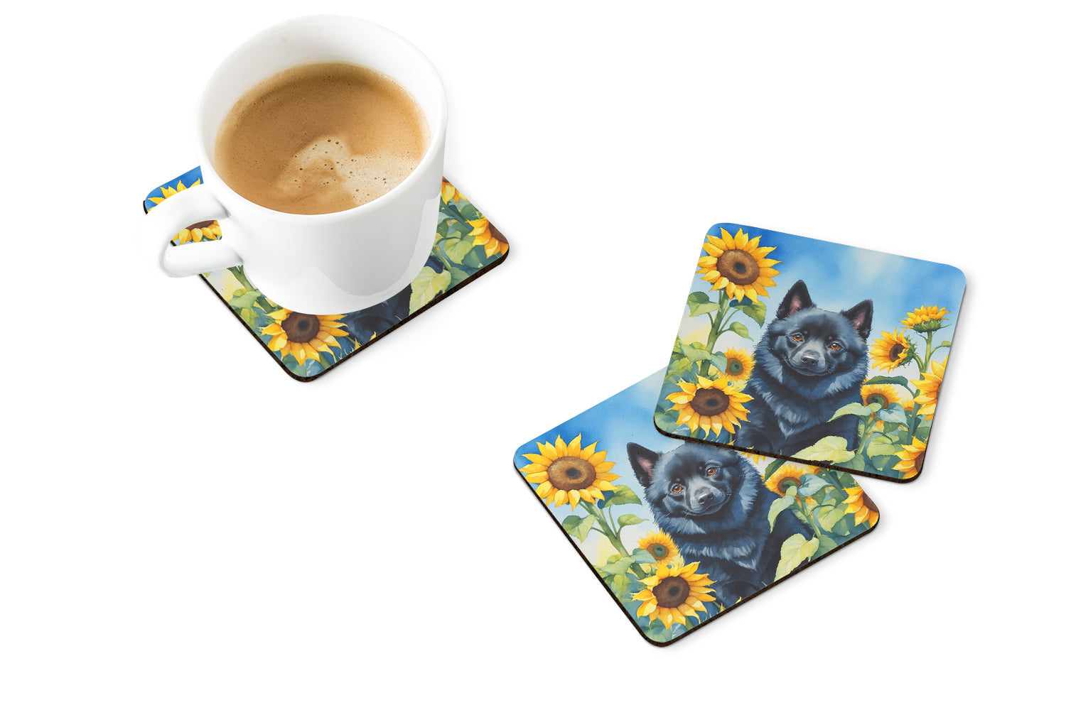 Schipperke in Sunflowers Foam Coasters Set of 4 Cup Coasters for Indoor Outdoor, Tabletop Protection, Anti Slip, Mouse pad Material