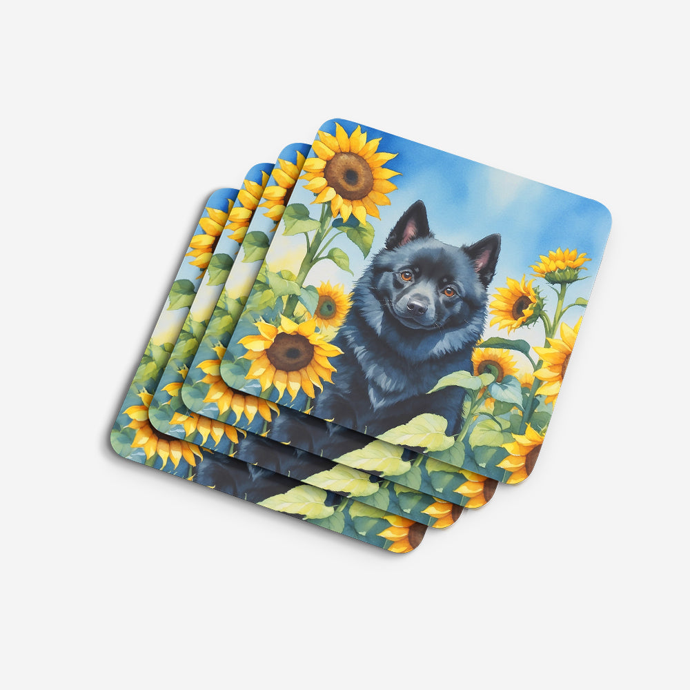 Schipperke in Sunflowers Foam Coasters Set of 4 Cup Coasters for Indoor Outdoor, Tabletop Protection, Anti Slip, Mouse pad Material