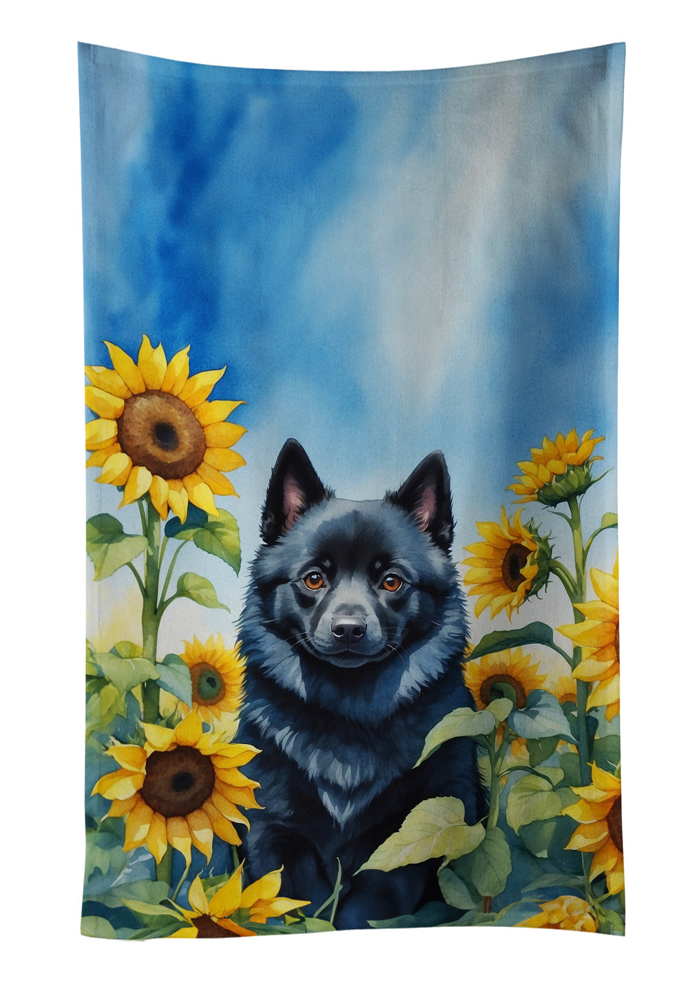 Schipperke in Sunflowers Kitchen Towel Velour Plush Front and Cotton Loop Back Machine Washable
