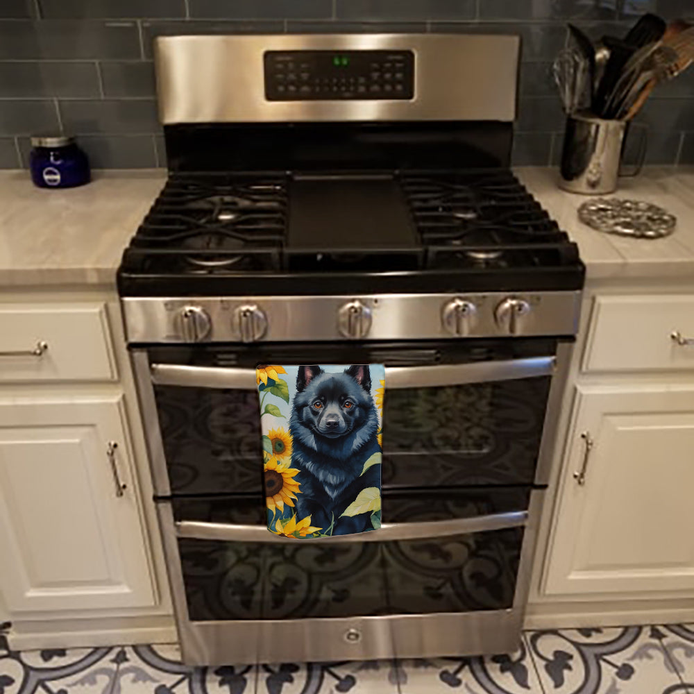 Schipperke in Sunflowers Kitchen Towel Velour Plush Front and Cotton Loop Back Machine Washable