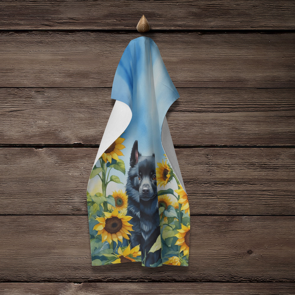 Schipperke in Sunflowers Kitchen Towel Velour Plush Front and Cotton Loop Back Machine Washable