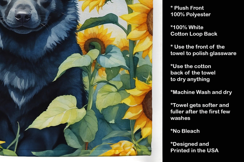 Schipperke in Sunflowers Kitchen Towel Velour Plush Front and Cotton Loop Back Machine Washable