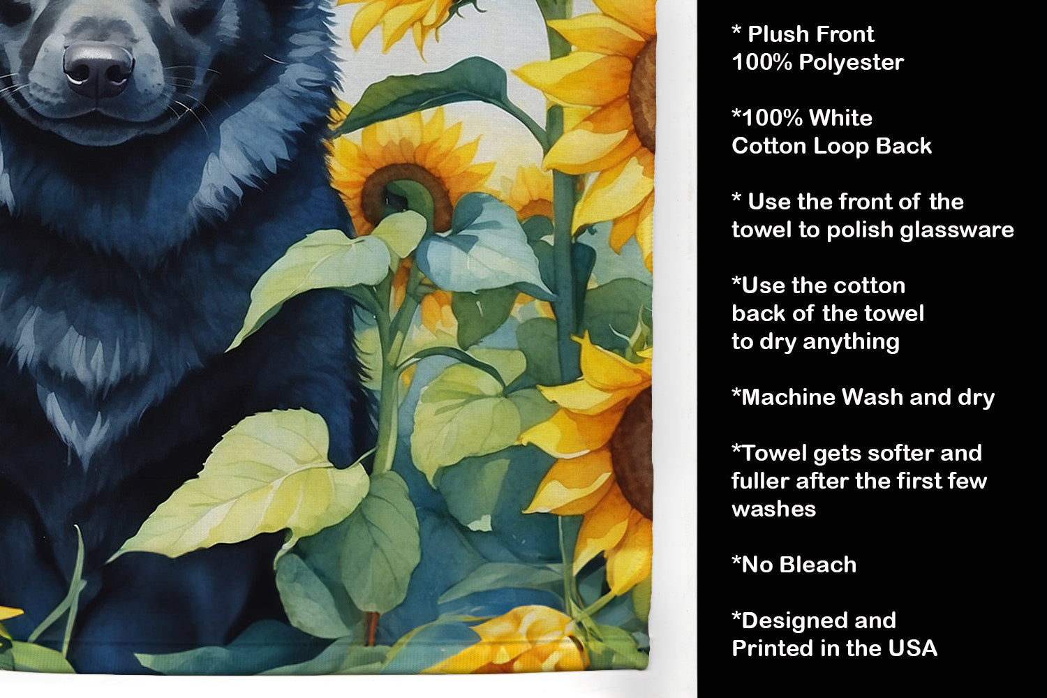 Schipperke in Sunflowers Kitchen Towel Velour Plush Front and Cotton Loop Back Machine Washable