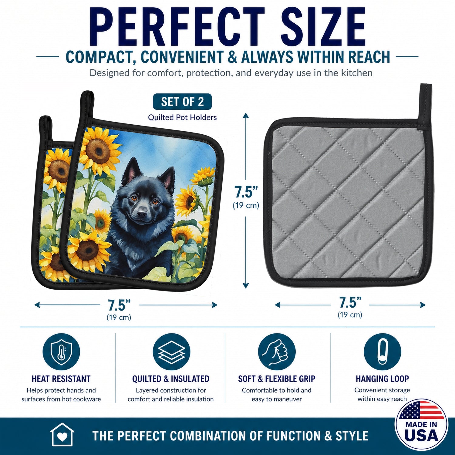 Schipperke in Sunflowers Pot Holder Set of 2 Heat Resistant Quilted Hot Pads 7.5 x 7.5 Inch, Insulated Kitchen Trivets for Cooking & Baking