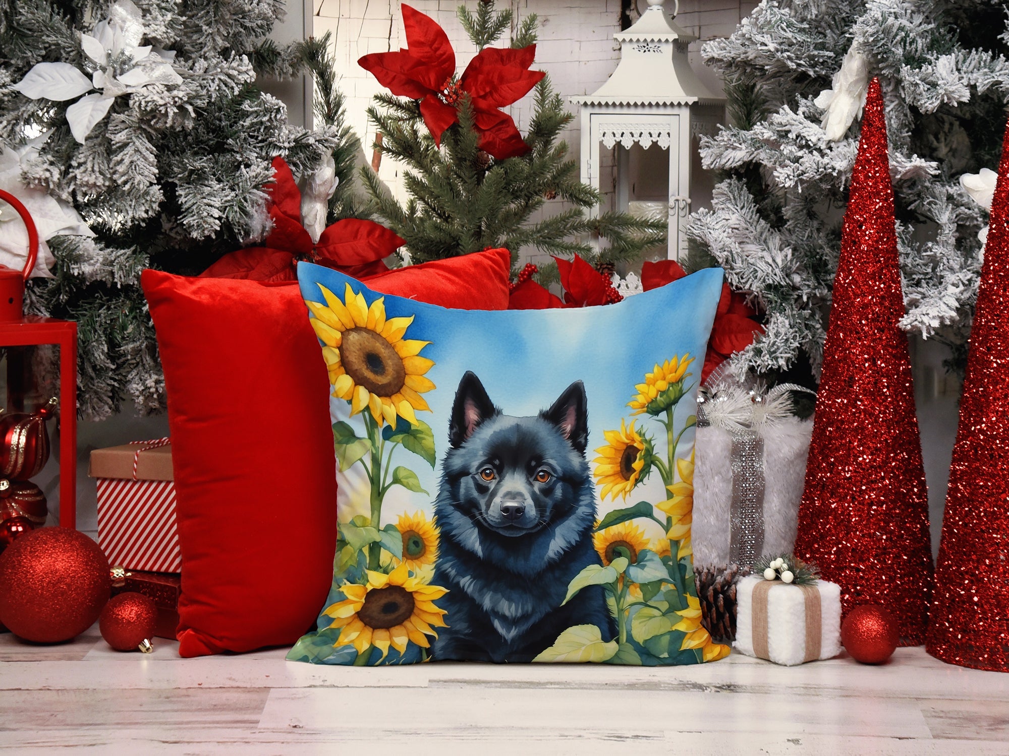 Schipperke in Sunflowers Decorative Throw Pillow 14x14 Indoor Outdoor Accent Cushion, Fabric Cover with Insert for Sofa, Bed, Porch & Living Room